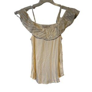 Loft Blouse Womens Size Small Off Shoulder Spaghetti Strap White Gold Ruffle NEW